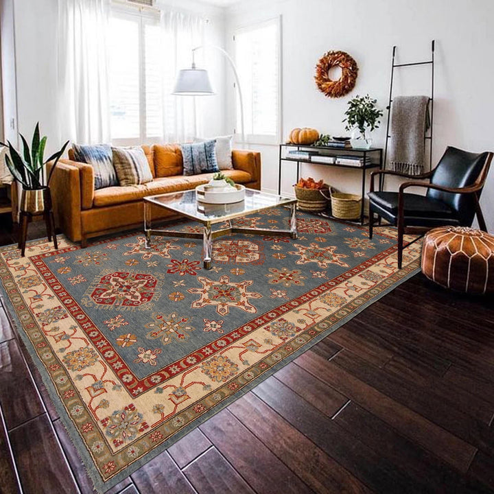 Blue Afghan Kazak Rug 6' 7" x 9' 3" Hand-Knotted | No. AL47435
