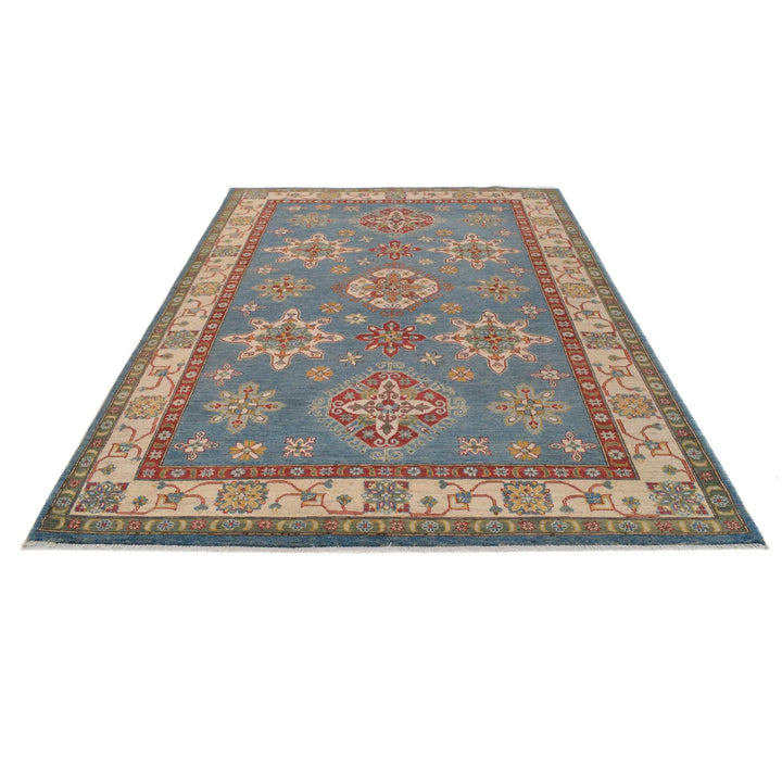 Blue Afghan Kazak Rug 6' 7" x 9' 3" Hand-Knotted | No. AL47435