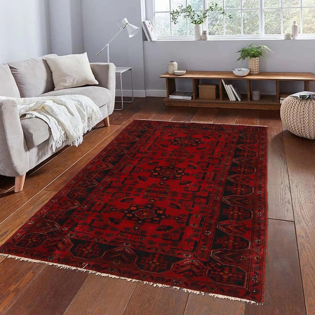 Red Afghan Khal Mohammadi Rug 3' 2" x 4' 10" Hand-Knotted | No. AL47511