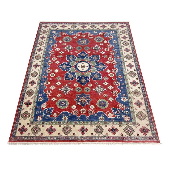 Red Afghan Kazak Rug 6'7" x 10'0" Hand-Knotted | No. AL47579
