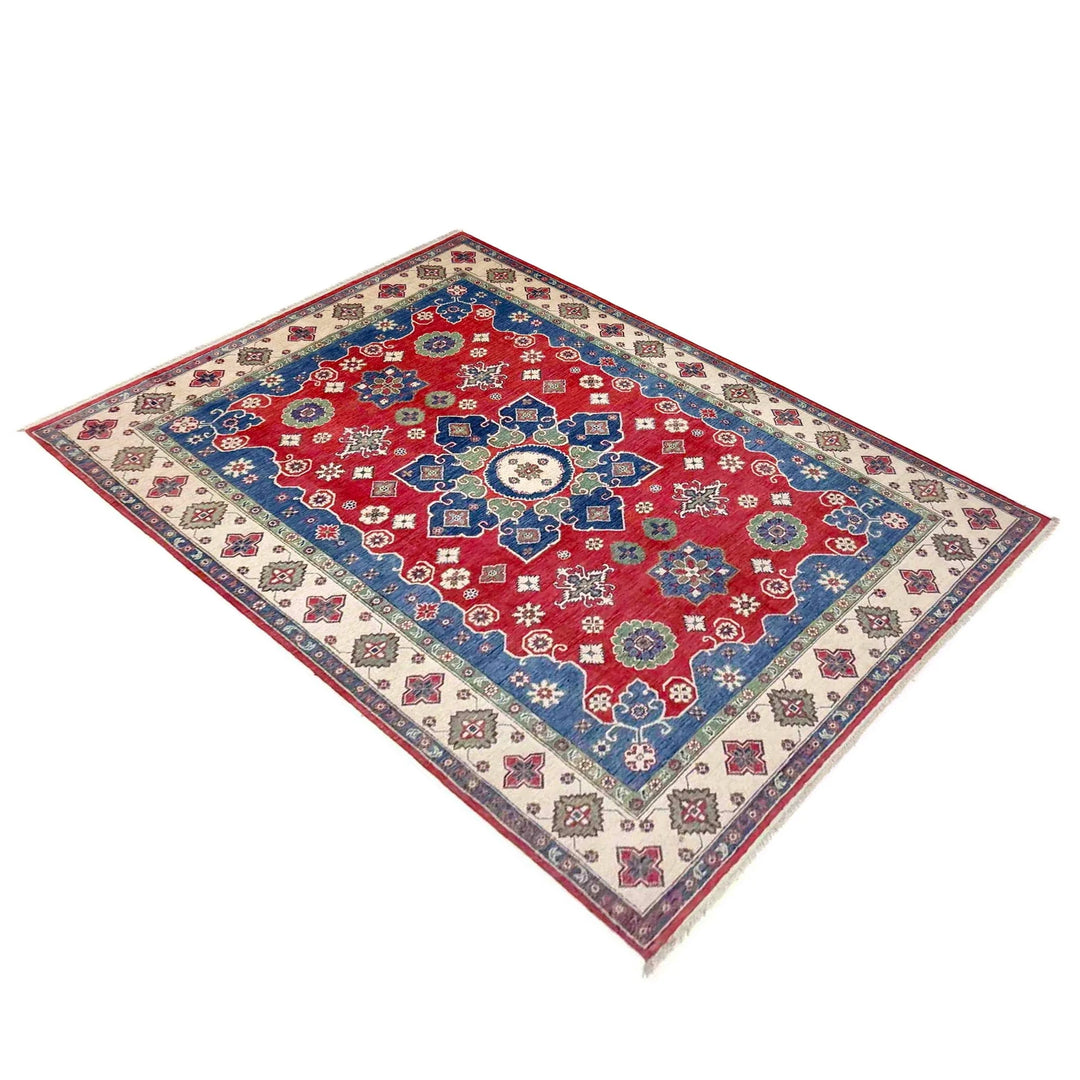 Red Afghan Kazak Rug 6'7" x 10'0" Hand-Knotted | No. AL47579