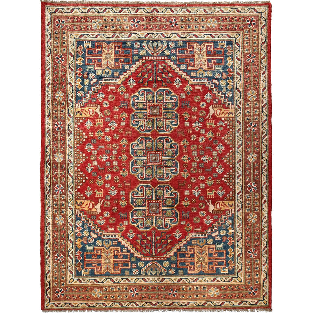 Red Afghan Shirazi Design Rug 5' 7" x 7' 7" Hand-Knotted | No. AL47596