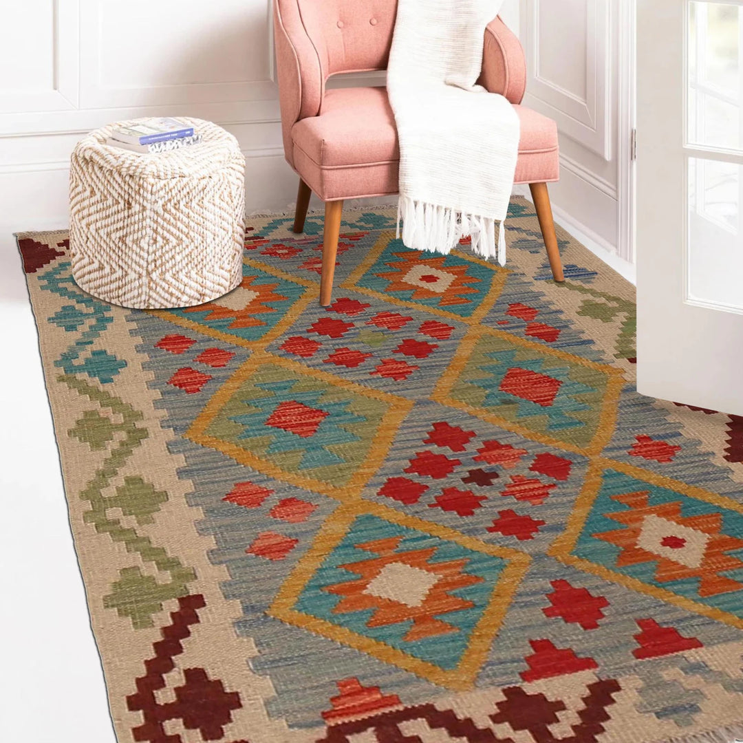Afghan Chobi Kilim Rug 2' 7" x 3' 10" Flat-Weave | No. AL47683