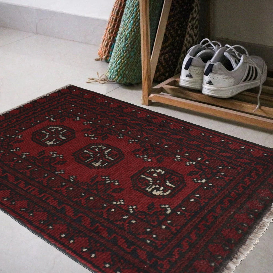 Red Afghan Oriental Doormat 1' 6" x 2' 4" Hand-Knotted | No. AL47685