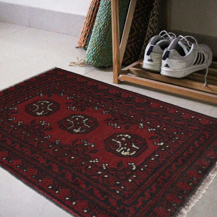 Red Afghan Oriental Doormat 1' 6" x 2' 4" Hand-Knotted | No. AL47685