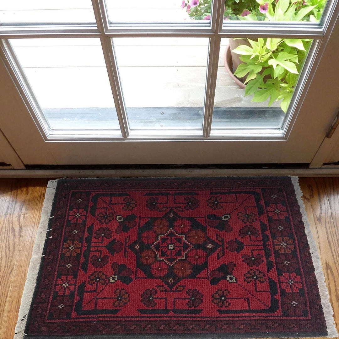 Red Afghan Oriental Doormat 1' 5" x 1' 11" Hand-Knotted | No. AL47750