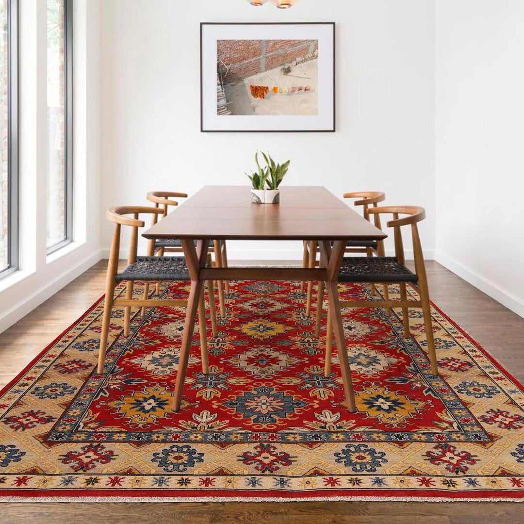 Red Afghan Kazak Rug 6' 6" x 9' 6" Hand-Knotted | No. AL47931