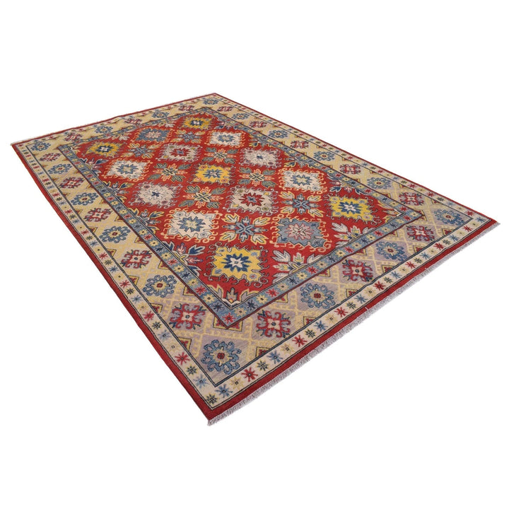 Red Afghan Kazak Rug 6' 6" x 9' 6" Hand-Knotted | No. AL47931