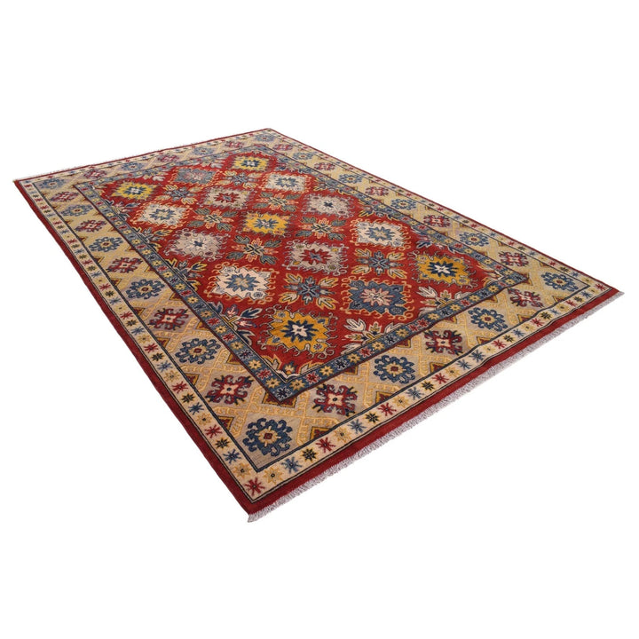 Red Afghan Kazak Rug 6' 6" x 9' 6" Hand-Knotted | No. AL47931