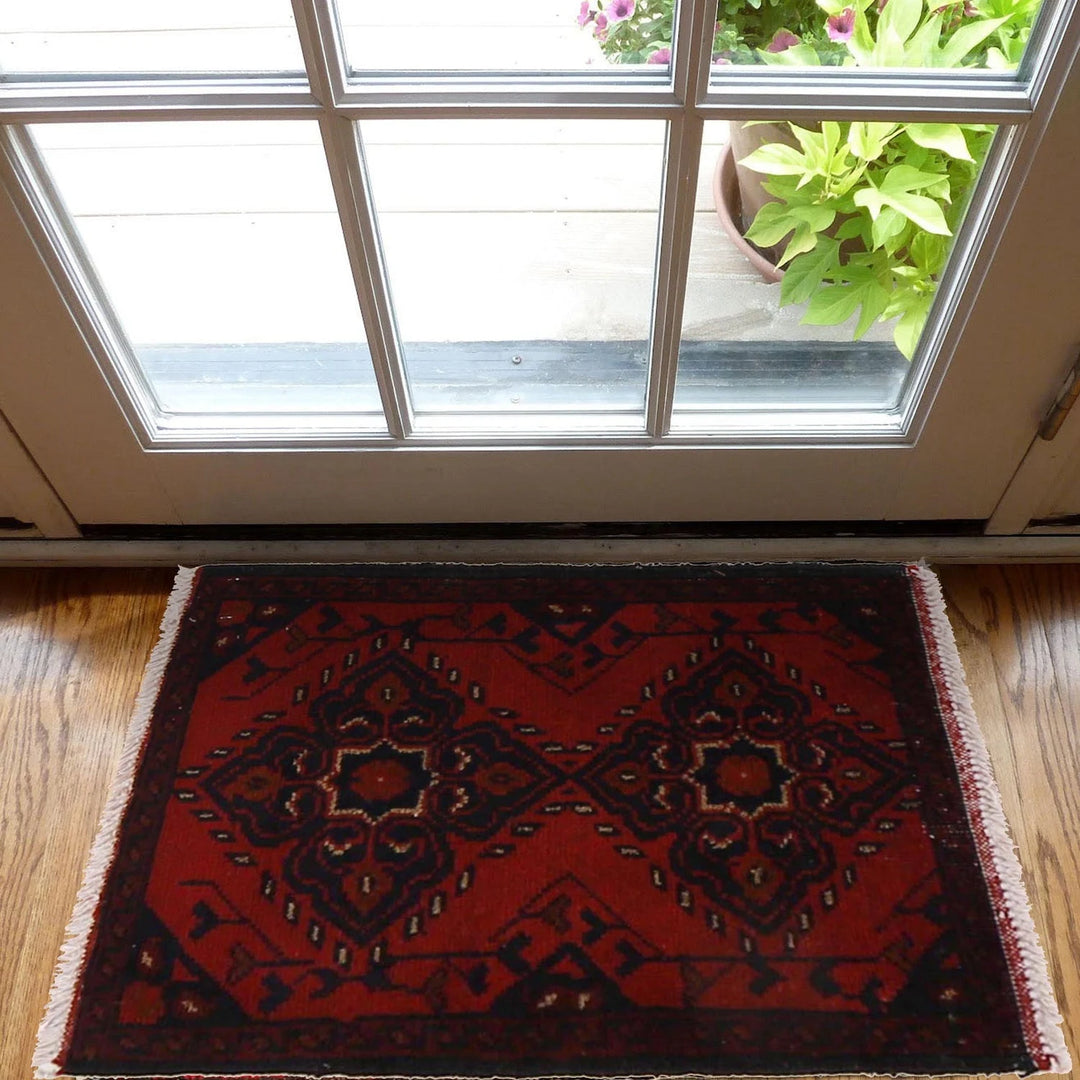 Red Afghan Oriental Doormat 1' 5" x 2' 0" Hand-Knotted | No. AL47947