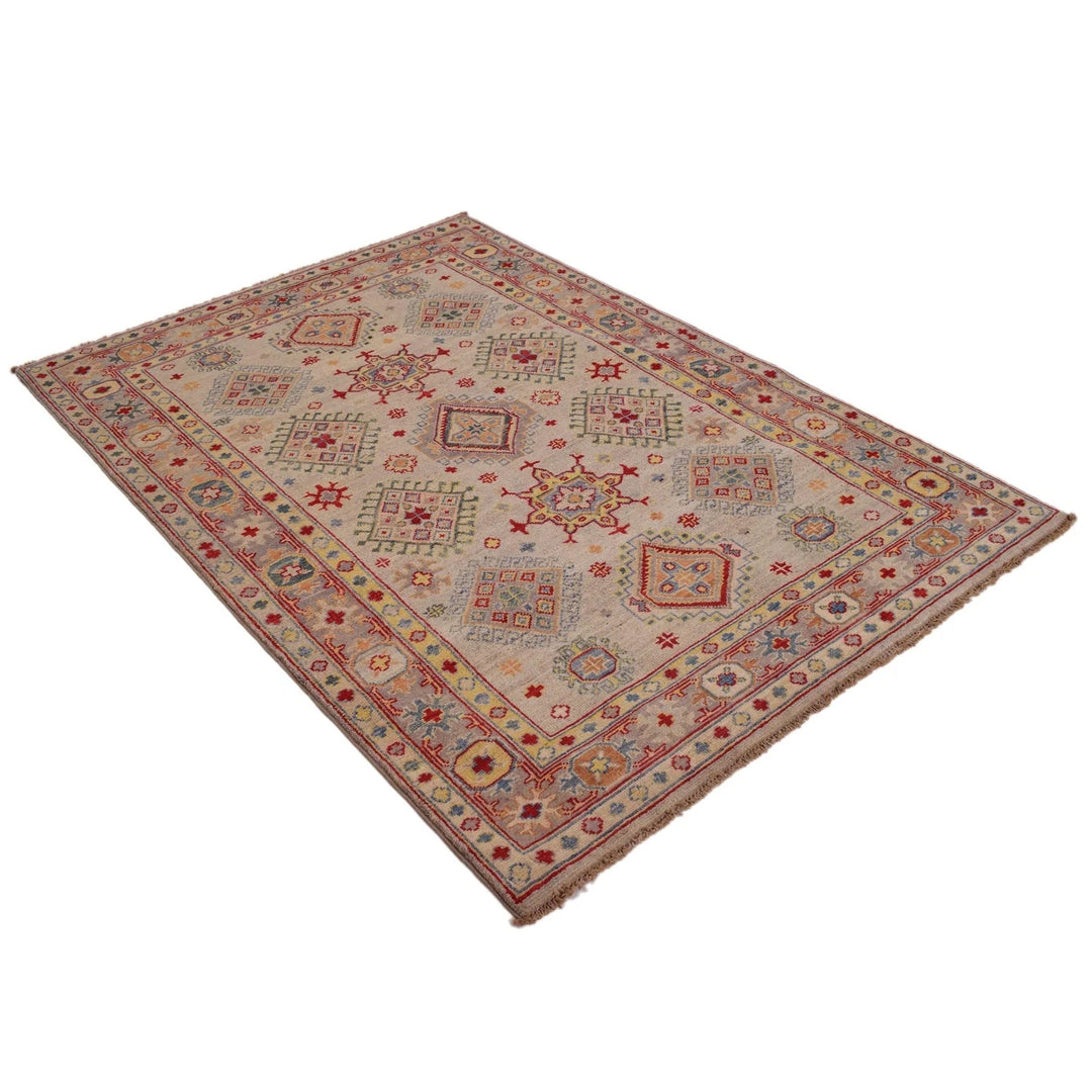 Beige Afghan Kazak Rug 4' 1" x 6' 1" Hand-Knotted | No. AL47954