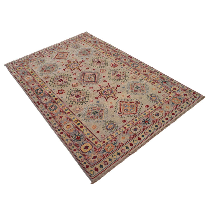 Beige Afghan Kazak Rug 4' 1" x 6' 1" Hand-Knotted | No. AL47954