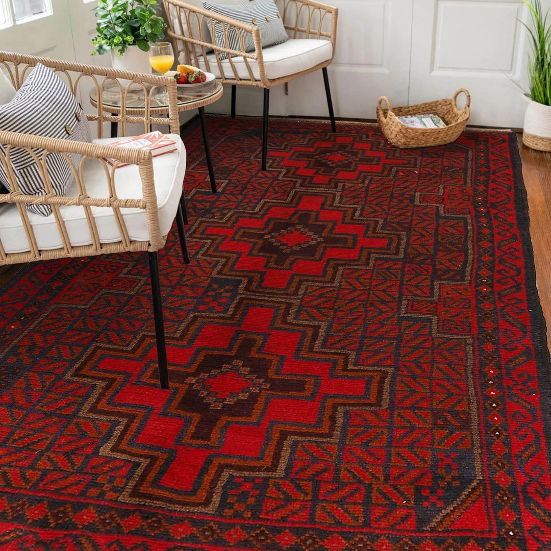 Red Afghan Baluchi Rug 3' 8" x 6' 0" Hand-Knotted | No. AL47973
