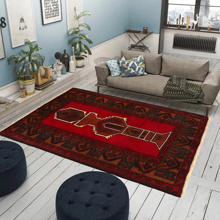 Red Afghan Baluchi Rug 2' 11" x 4' 7" Hand-Knotted | No. AL48013