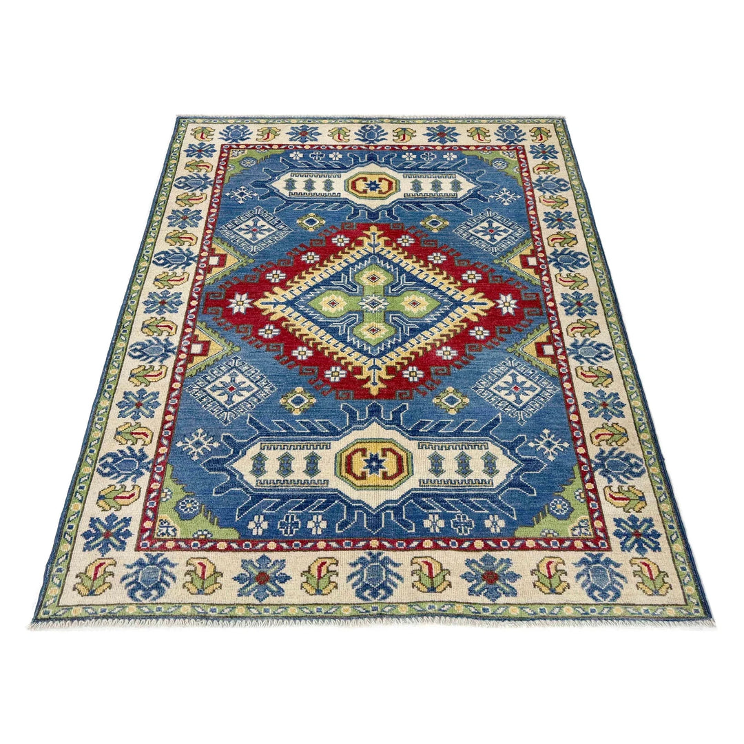 Blue Afghan Kazak Rug 3' 10" x 5' 10" Hand-Knotted | No. AL48166