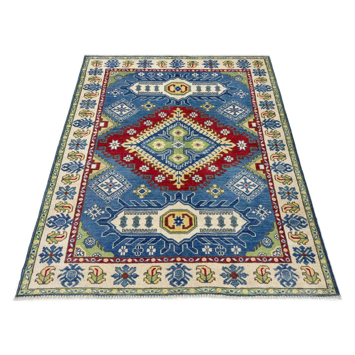 Blue Afghan Kazak Rug 3' 10" x 5' 10" Hand-Knotted | No. AL48166