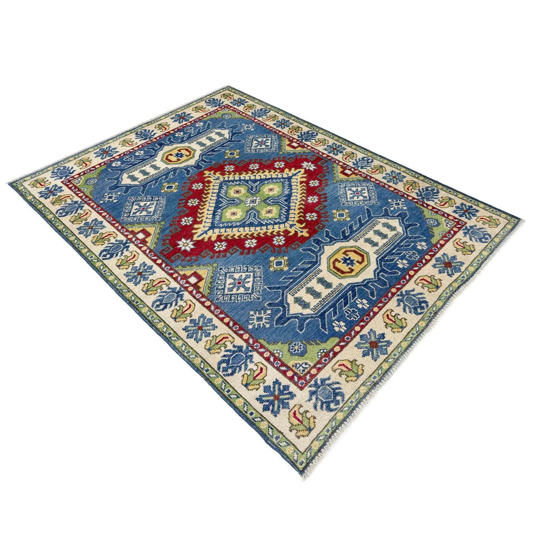 Blue Afghan Kazak Rug 3' 10" x 5' 10" Hand-Knotted | No. AL48166