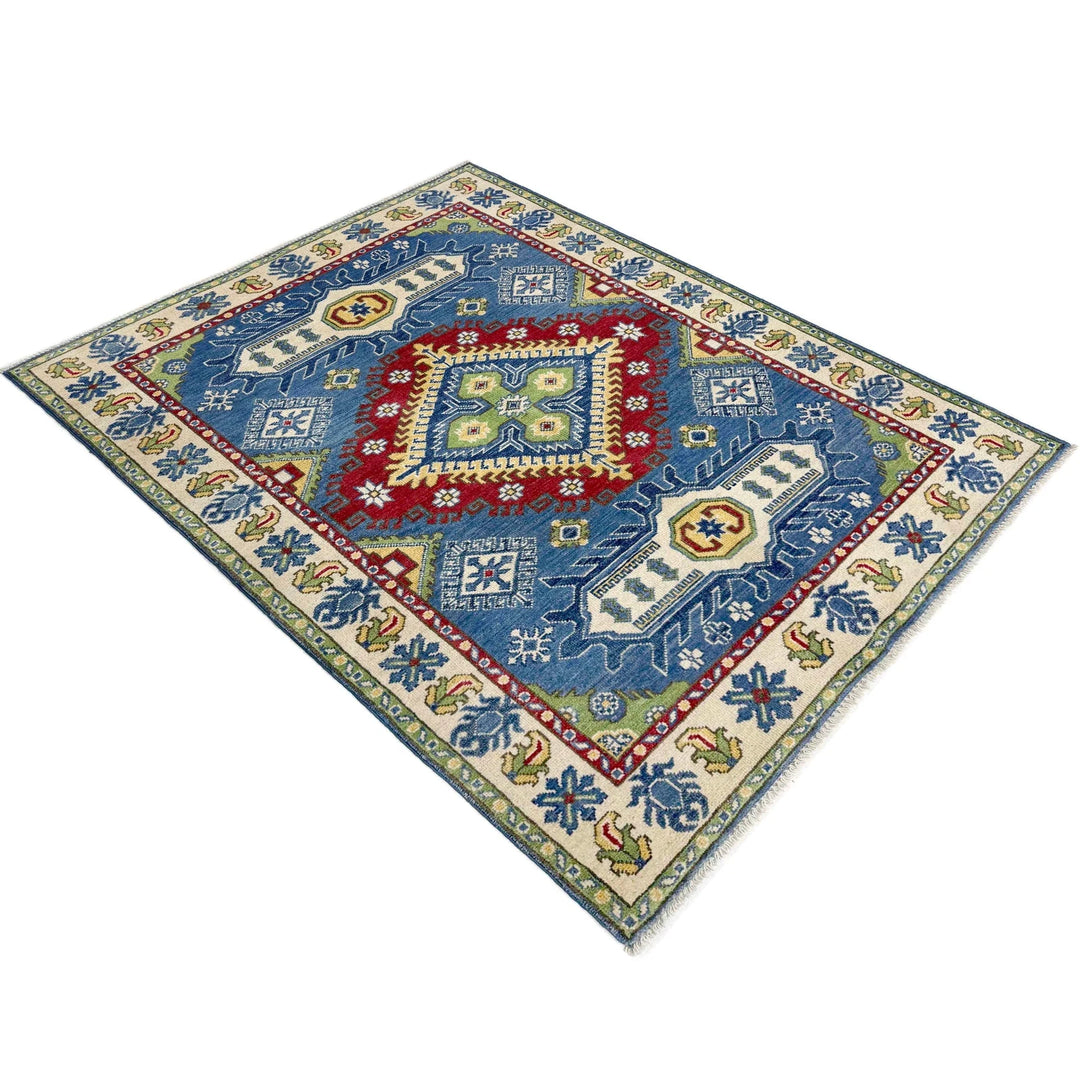 Blue Afghan Kazak Rug 3' 10" x 5' 10" Hand-Knotted | No. AL48166