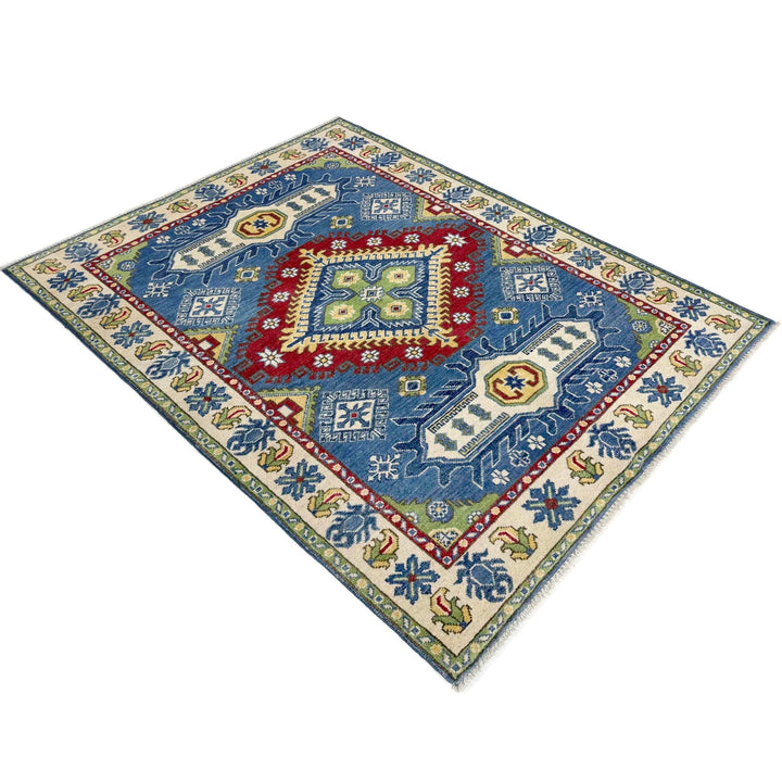 Blue Afghan Kazak Rug 3' 10" x 5' 10" Hand-Knotted | No. AL48166