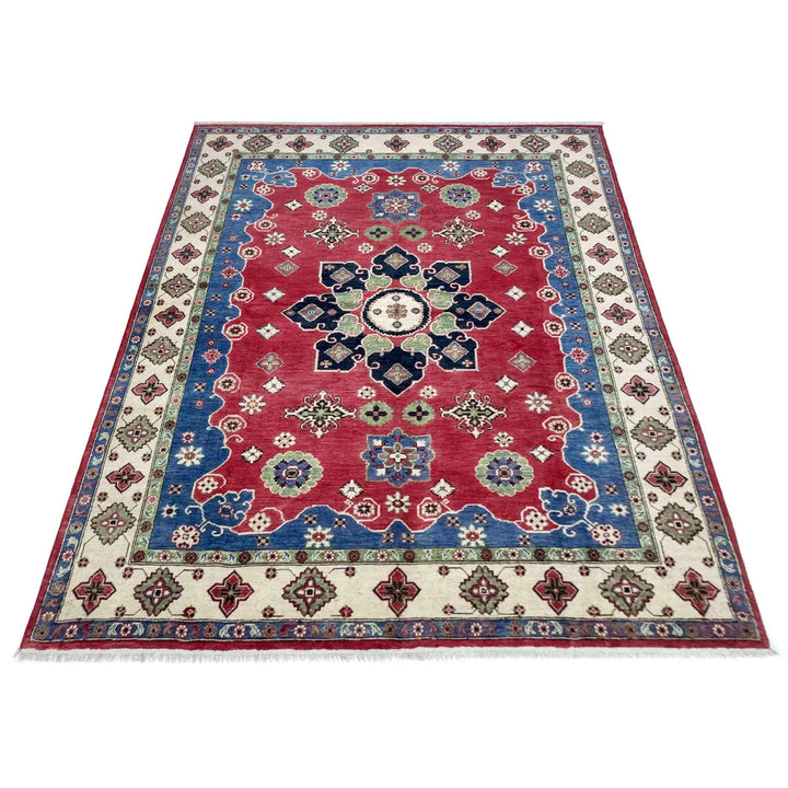 Red Afghan Kazak Rug 6' 7" x 9' 10" Hand-Knotted | No. AL48172