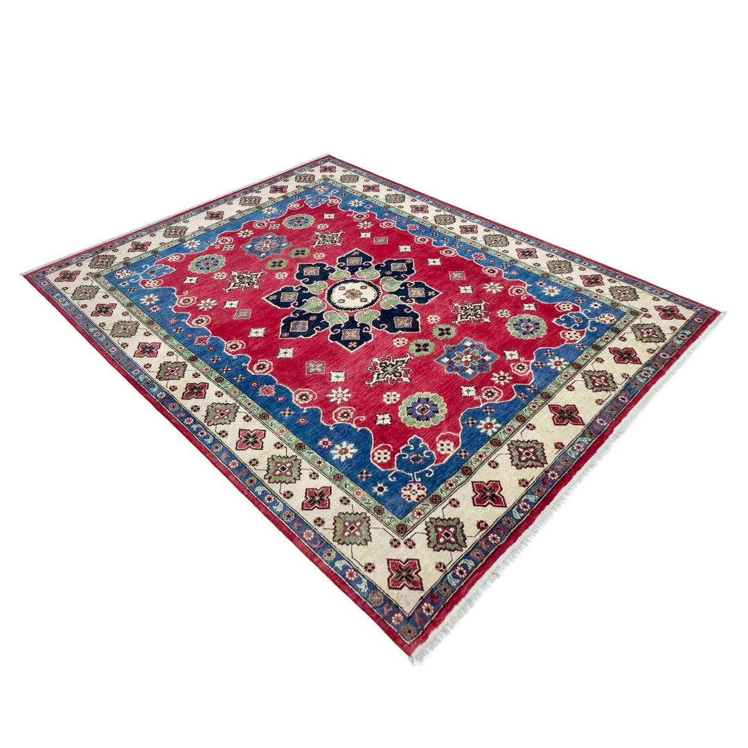 Red Afghan Kazak Rug 6' 7" x 9' 10" Hand-Knotted | No. AL48172