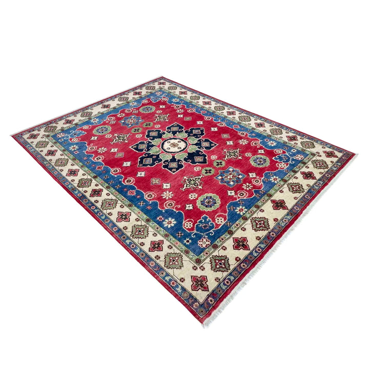 Red Afghan Kazak Rug 6' 7" x 9' 10" Hand-Knotted | No. AL48172