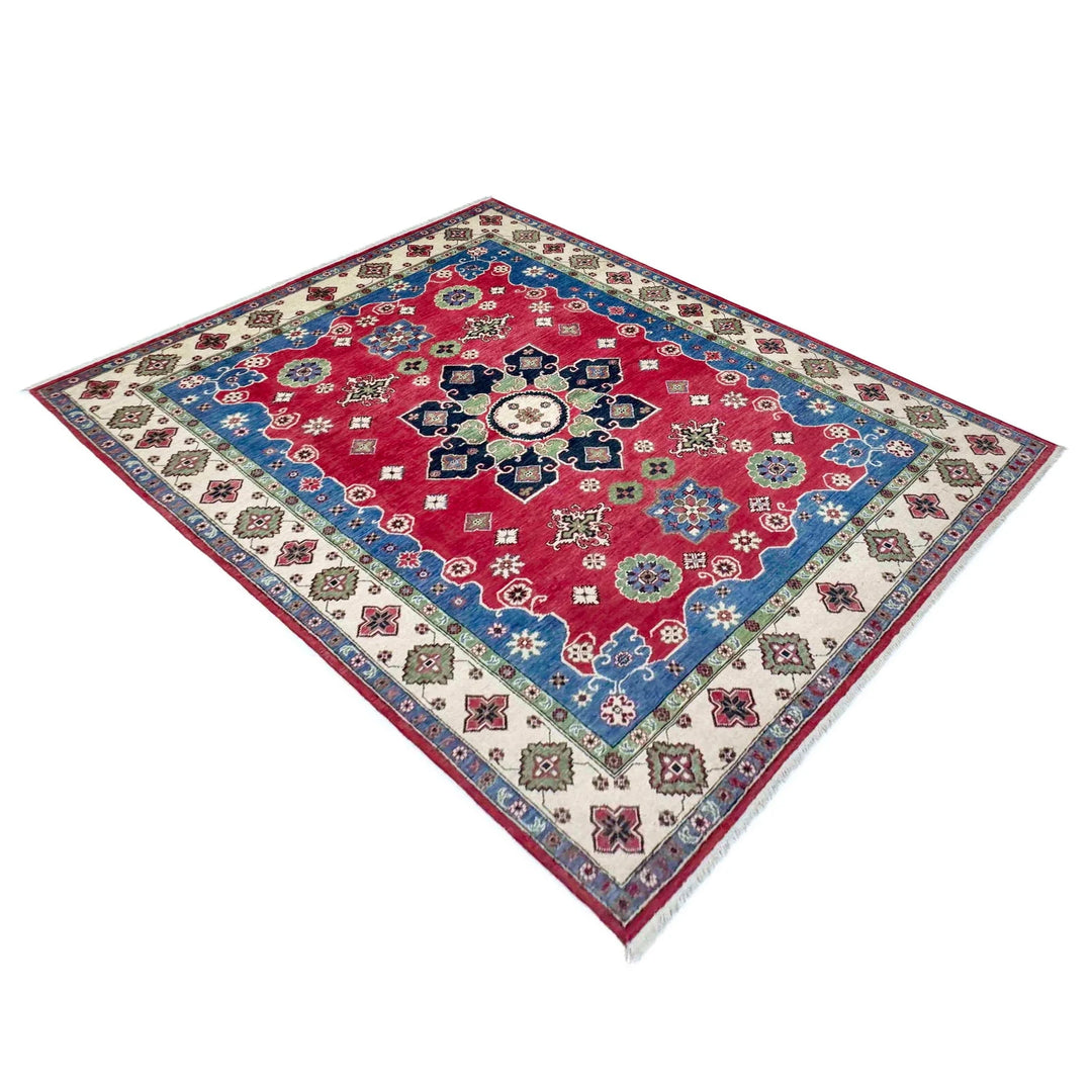 Red Afghan Kazak Rug 6' 7" x 9' 10" Hand-Knotted | No. AL48172
