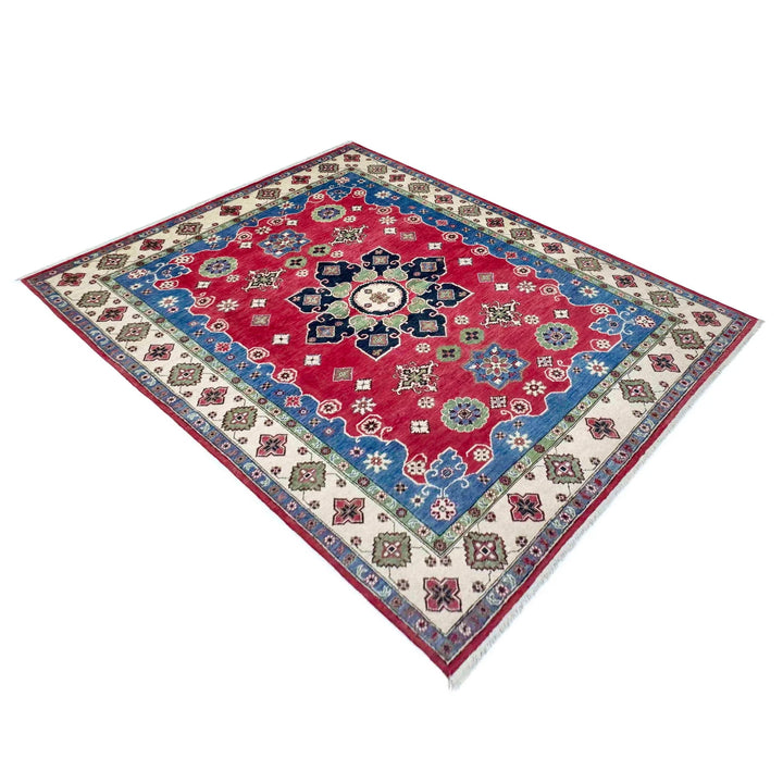 Red Afghan Kazak Rug 6' 7" x 9' 10" Hand-Knotted | No. AL48172