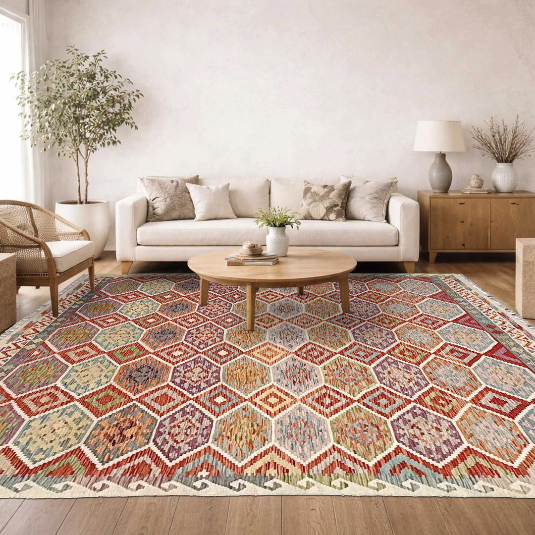 Afghan Vegetable Kilim Rug 8' 5" x 9' 9" Flat-Weave | No. AL48267