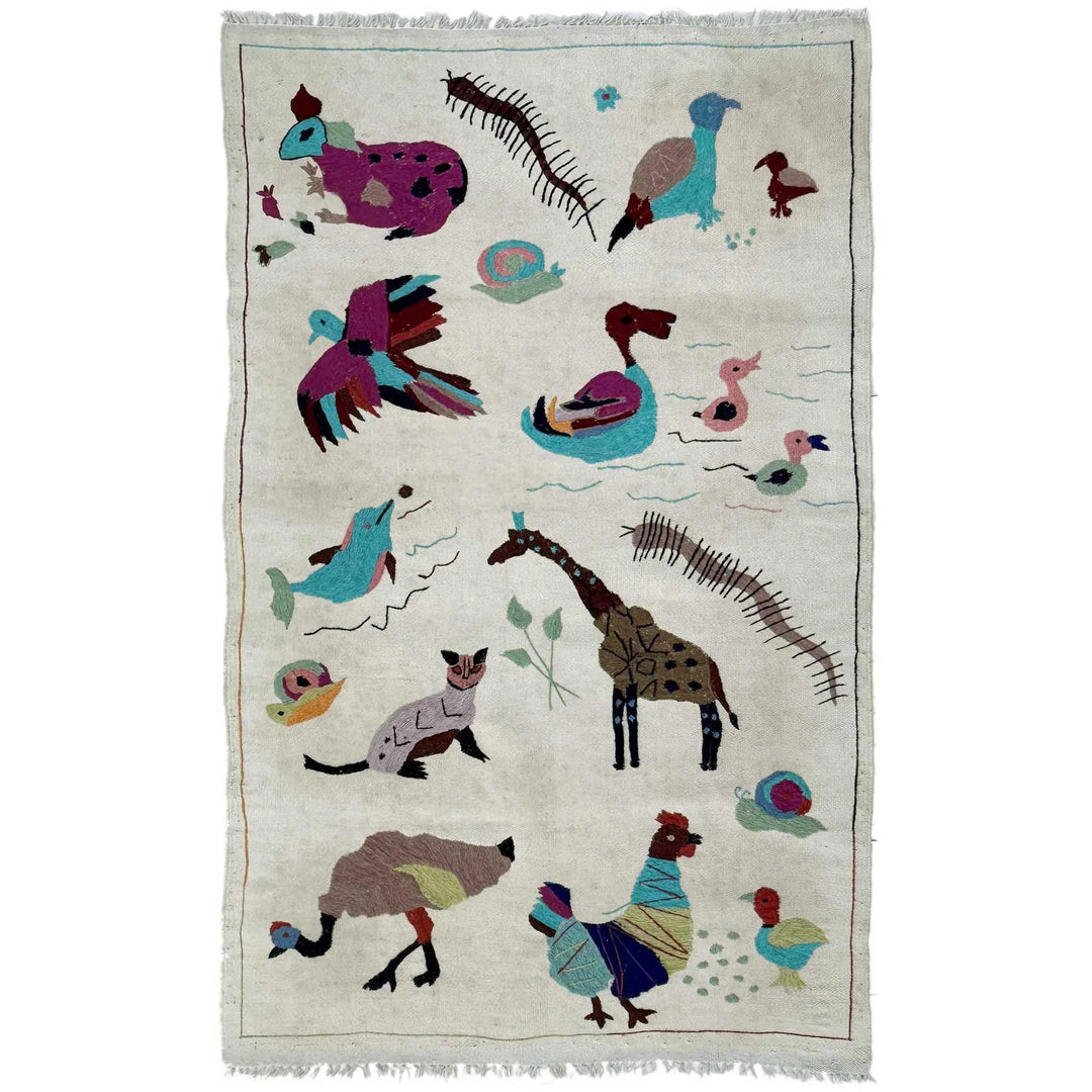Beige Pakistani Embroidery Kilim Rug 3' 1" x 5' 4" Flat-Weave | No. AL483881