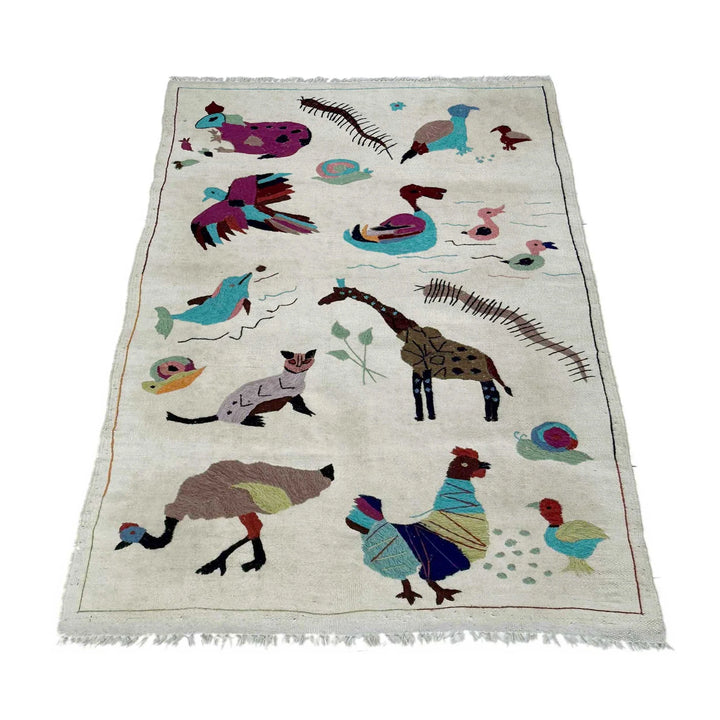 Beige Pakistani Embroidery Kilim Rug 3' 1" x 5' 4" Flat-Weave | No. AL483881