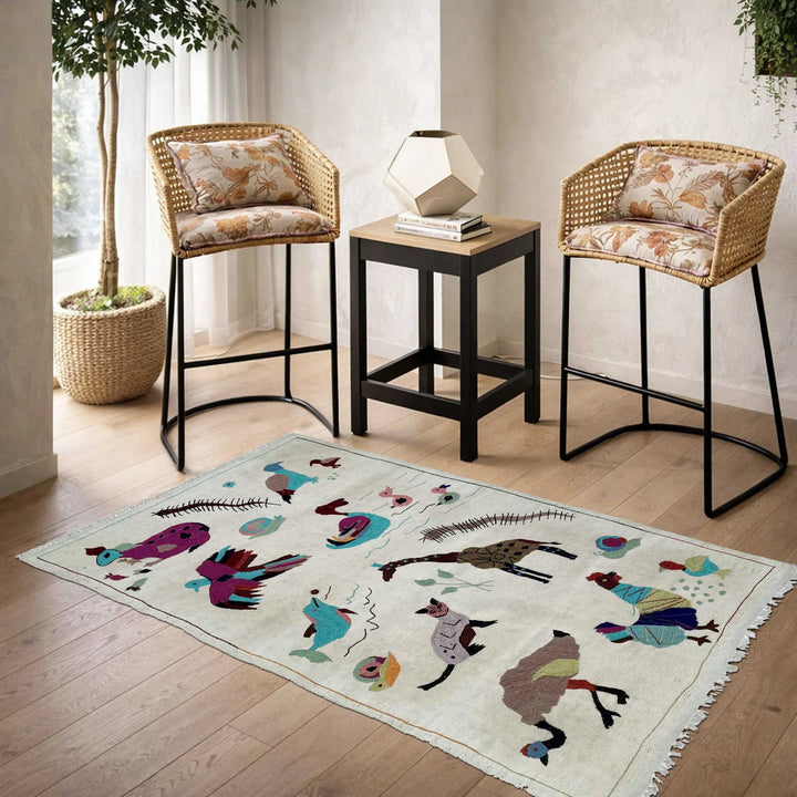 Beige Pakistani Embroidery Kilim Rug 3' 1" x 5' 4" Flat-Weave | No. AL483881