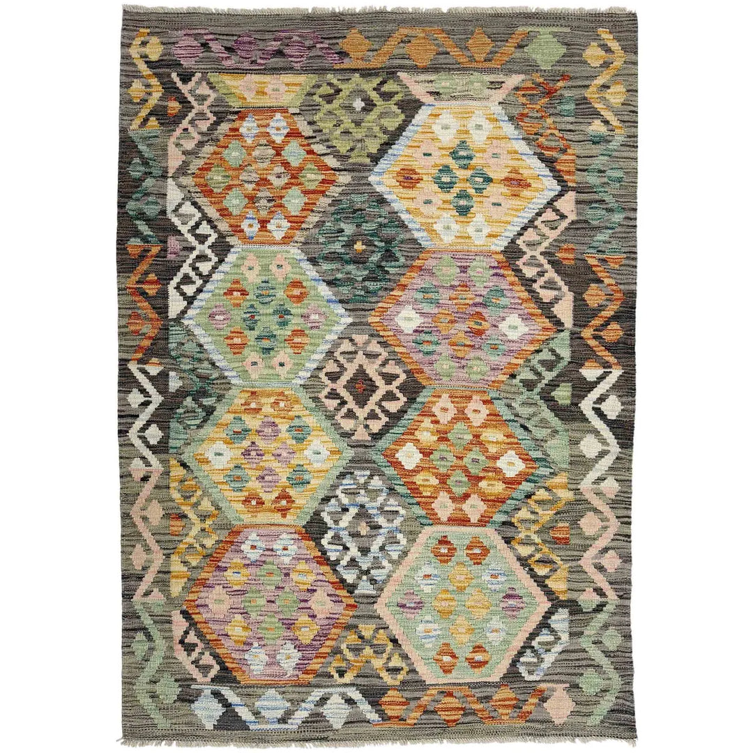Afghan Vegetable Kilim Rug 4' 0" x 5' 10" Flat-Weave | No. AL484574