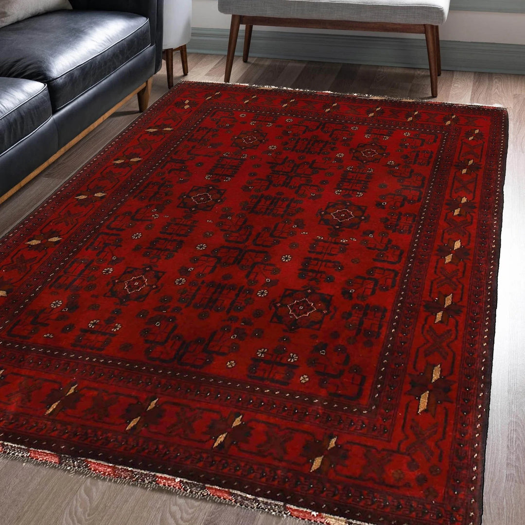 Red Afghan Khal Mohammadi Rug 4' 10" x 6' 3" Hand-Knotted | No. AL48459