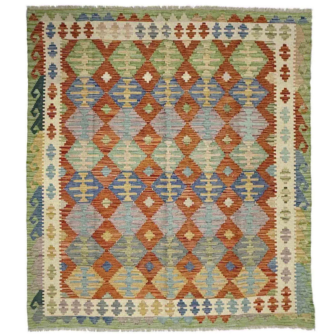 Multicolor Afghan Vegetable Kilim Rug 6' 0" x 7' 5" Flat-Weave | No. AL48464