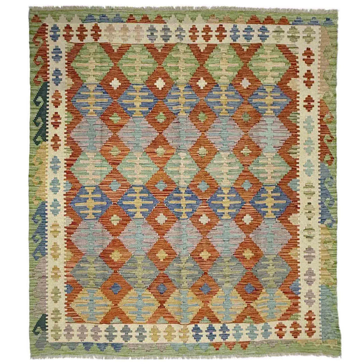 Multicolor Afghan Vegetable Kilim Rug 6' 0" x 7' 5" Flat-Weave | No. AL48464