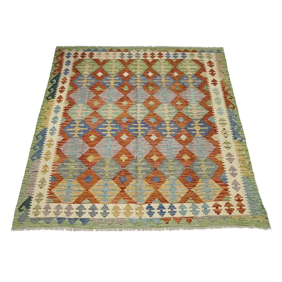 Multicolor Afghan Vegetable Kilim Rug 6' 0" x 7' 5" Flat-Weave | No. AL48464