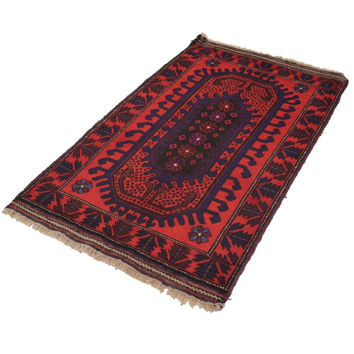 Red Afghan Baluchi Rug 2' 12" x 4' 10" Hand-Knotted | No. AL48474