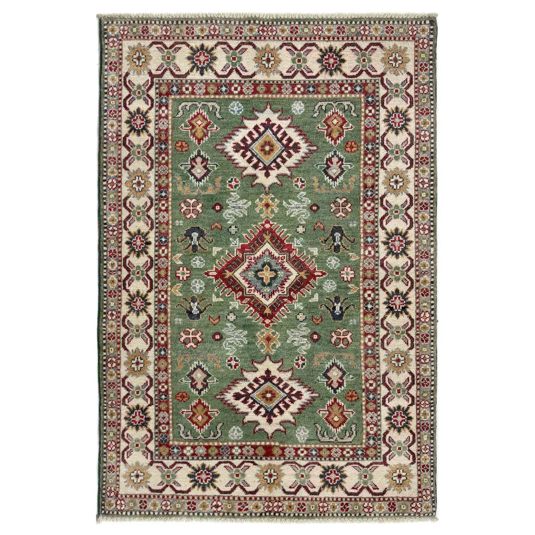 Green Afghan Kazak Rug 3' 3" x 4' 11" Hand-Knotted | No. AL48708