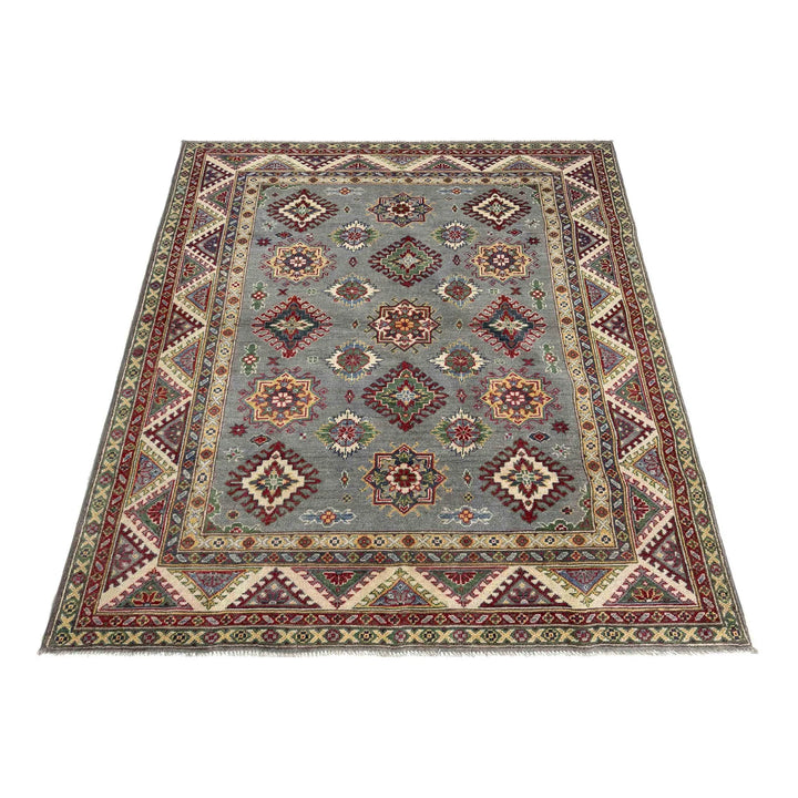 Gray Afghan Kazak Rug 5' 1" x 6' 9" Hand-Knotted | No. AL48751