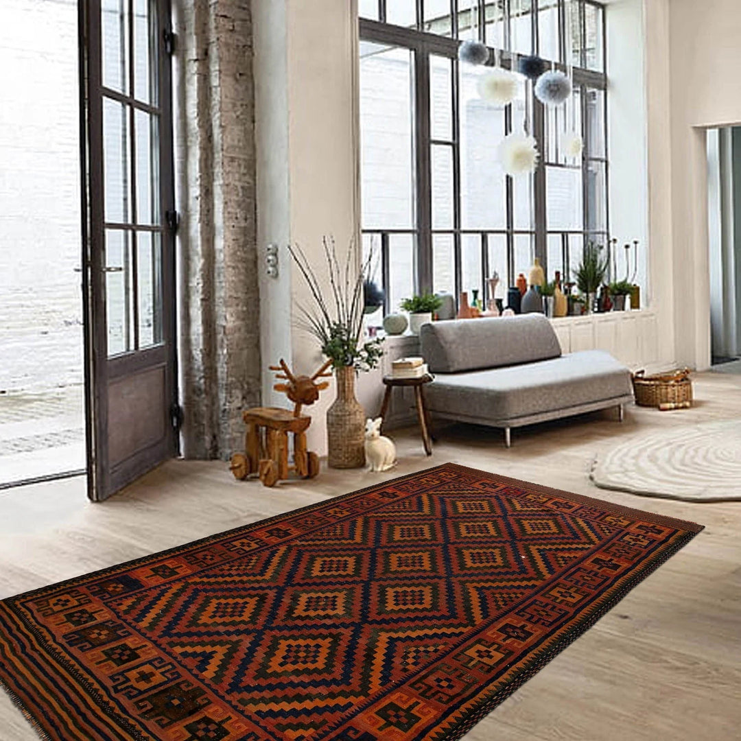 Red Afghan Maimana Kilim Rug 5' 8" x 9' 10" Flat-Weave | No. AL48793
