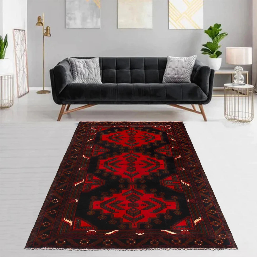 Red Afghan Baluchi Rug 3' 10" x 6' 8" Hand-Knotted | No. AL48805