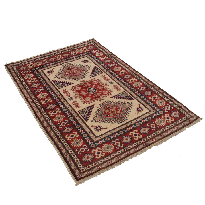 Ivory Afghan Kazak Rug 3' 4" x 4' 8" Hand-Knotted | No. AL48827