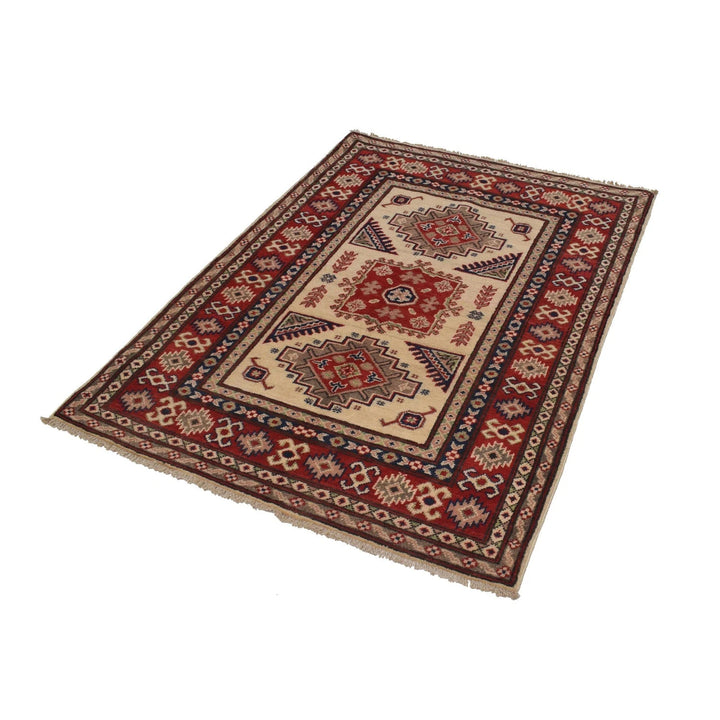 Ivory Afghan Kazak Rug 3' 4" x 4' 8" Hand-Knotted | No. AL48827