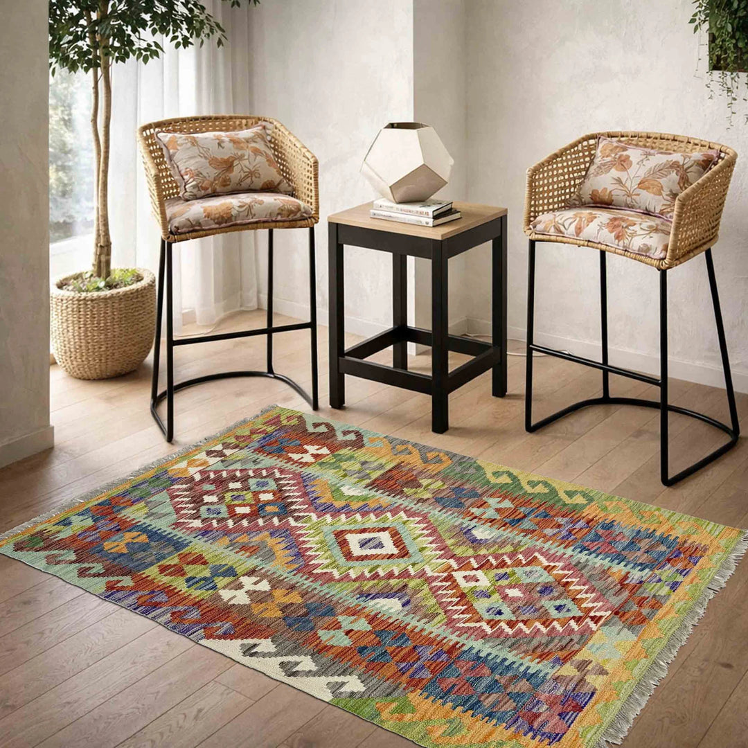 Multicolor Afghan Vegetable Kilim Rug 3' 5" x 4' 10" Flat-Weave | No. AL48962