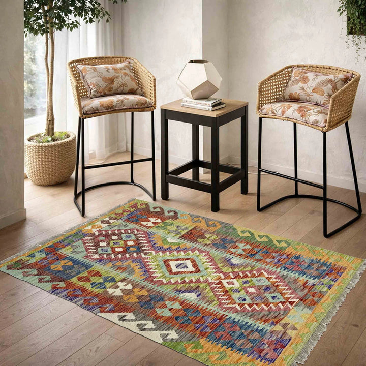 Multicolor Afghan Vegetable Kilim Rug 3' 5" x 4' 10" Flat-Weave | No. AL48962