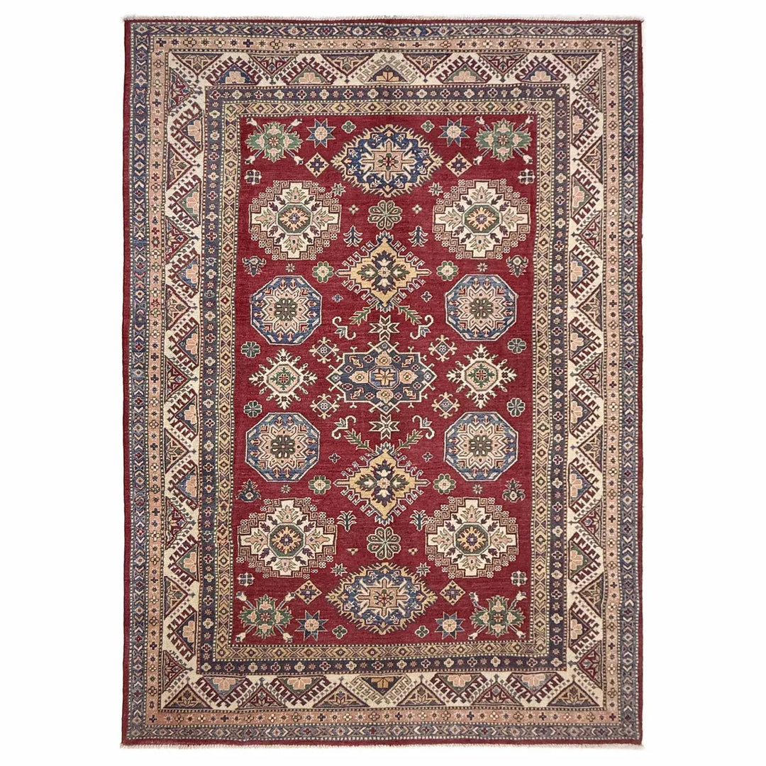 Red Afghan Kazak Rug 6' 4" x 9' 11" Hand-Knotted | No. AL49067