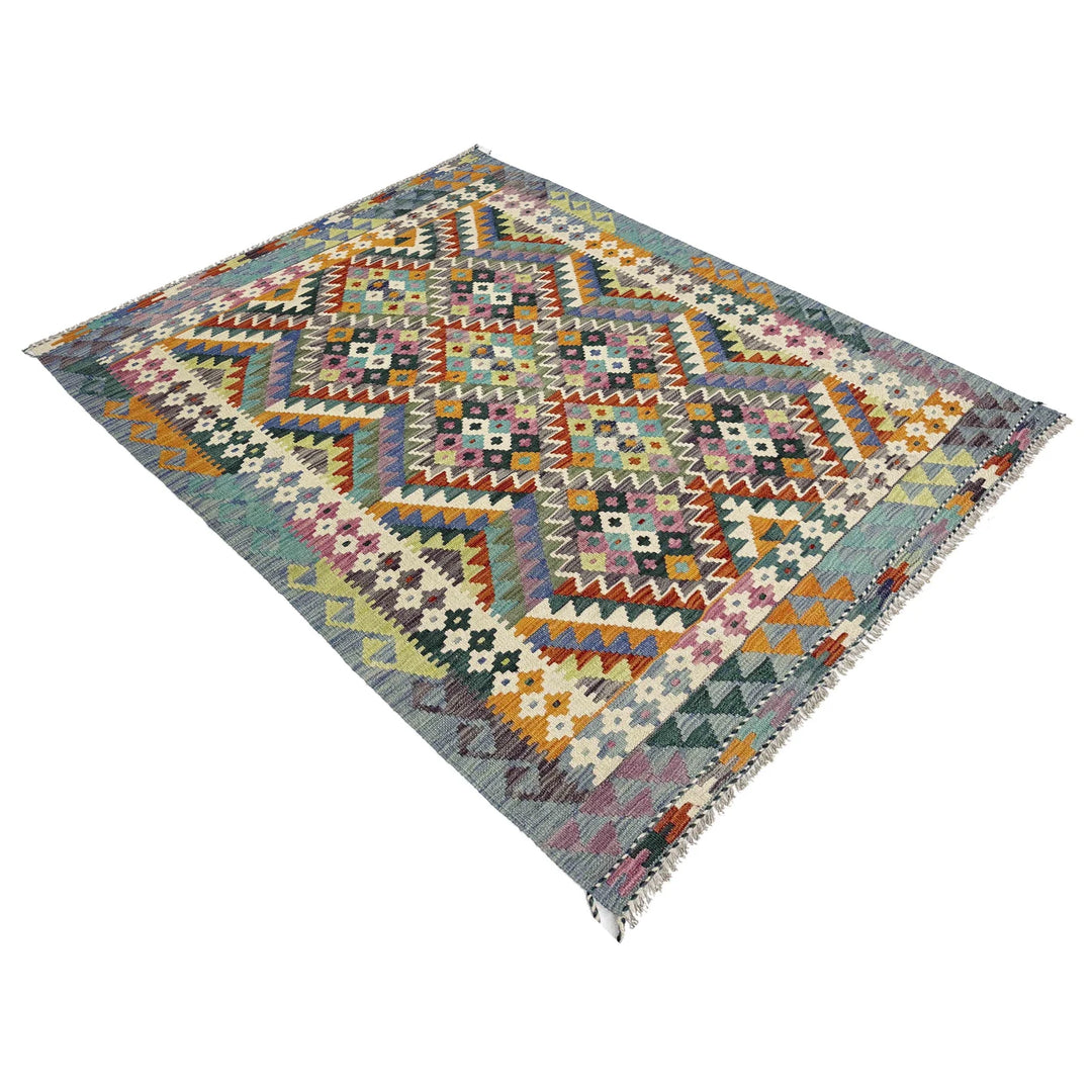 Multicolor Afghan Vegetable Kilim Rug 4' 3" x 6' 3" Flat-Weave | No. AL49289