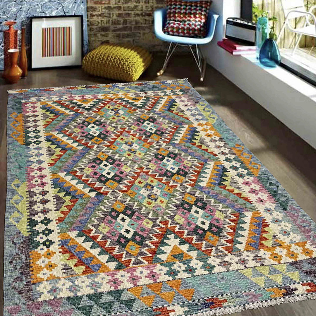 Multicolor Afghan Vegetable Kilim Rug 4' 3" x 6' 3" Flat-Weave | No. AL49289