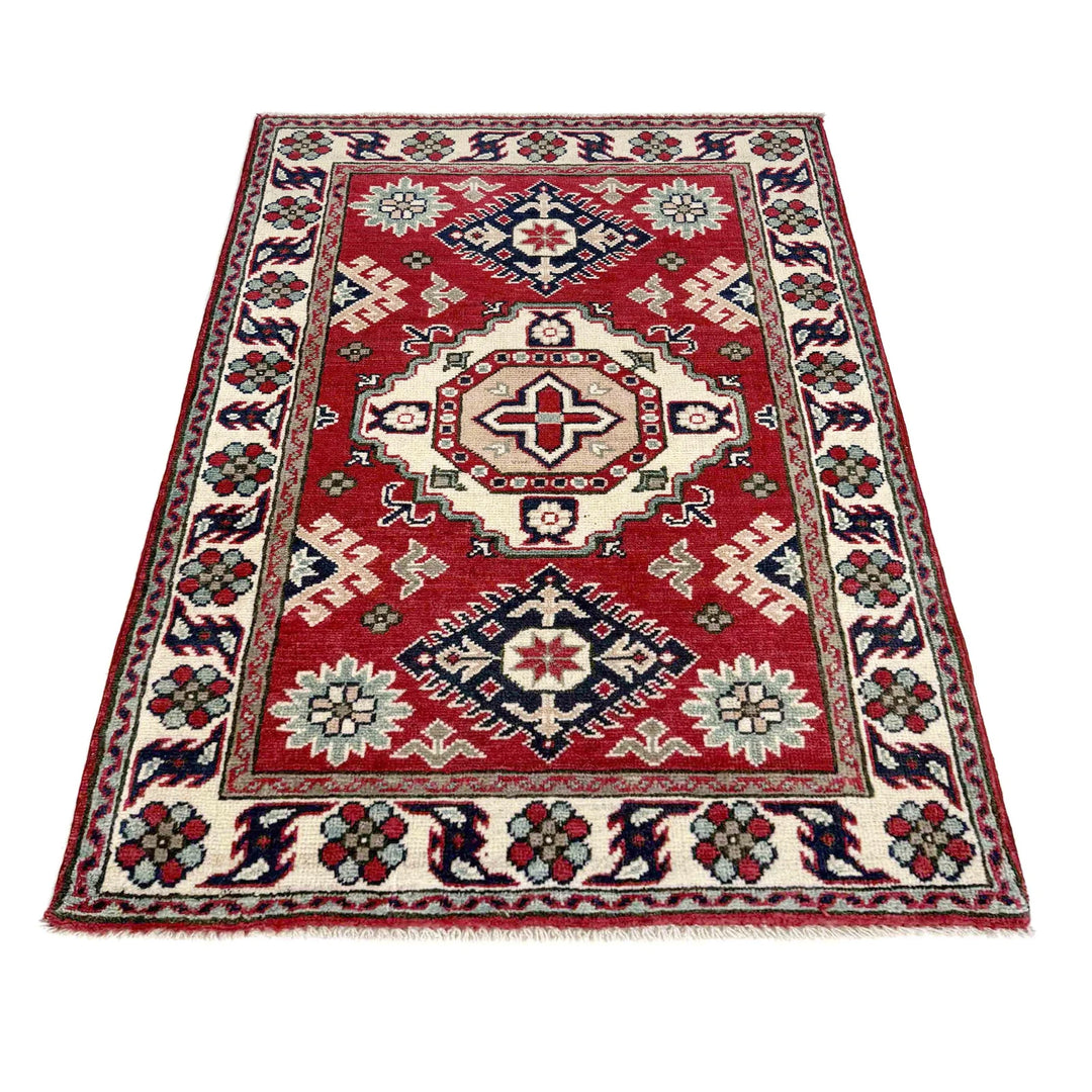 Red Afghan Kazak Rug 2' 7" x 4' 1" Hand-Knotted | No. AL49339